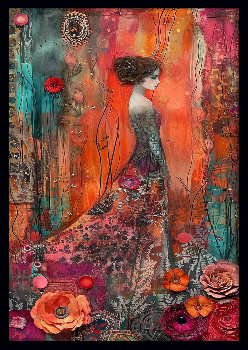 Abstract Woman in Floral Dream – Colorful Mixed Media Canvas Wall Art – T974 – AiPrintLab