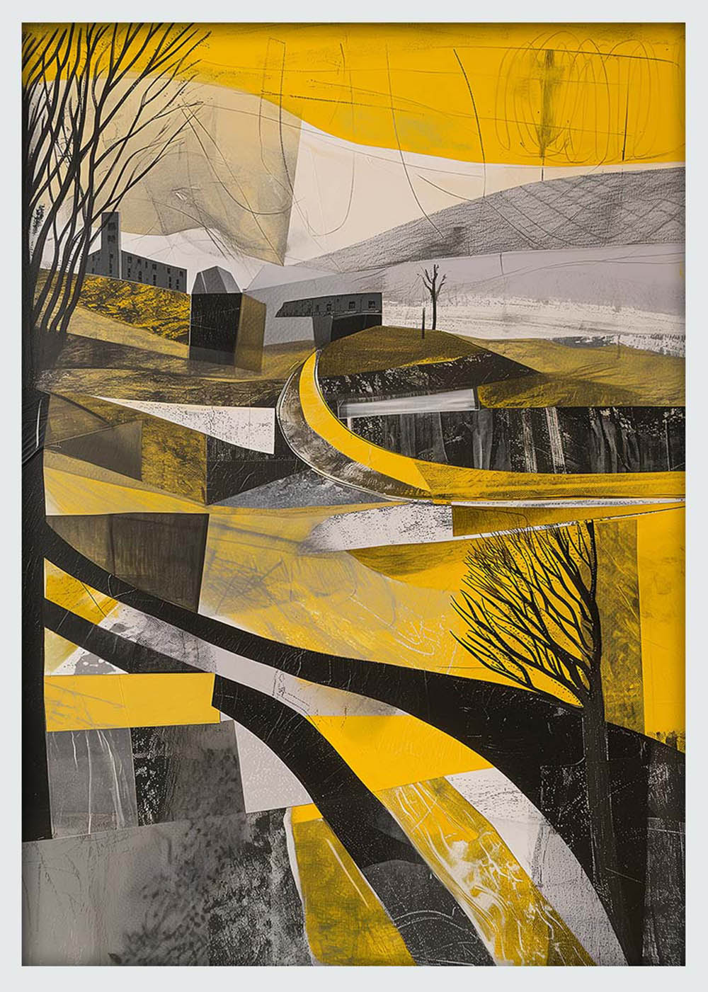 Abstract Yellow Roadscape – Modern Geometric Landscape Canvas & Poster Art – T1049 – AiPrintLab