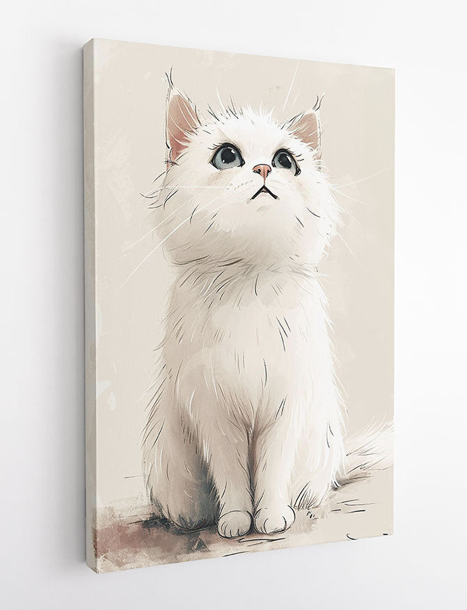 Adorable White Kitten Wall Art – Cute Cat Canvas & Poster Print – T1442 –