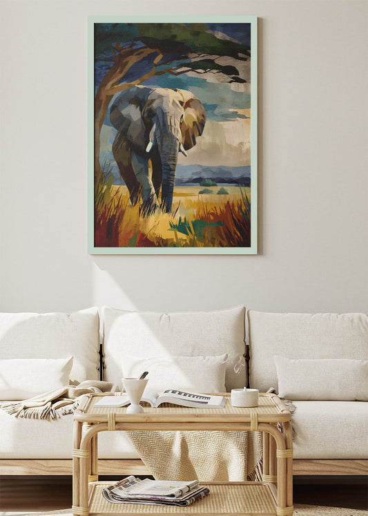 African Elephant Savannah Wall Art Poster & Canvas Print – Modern Wildlife Landscape Illustration