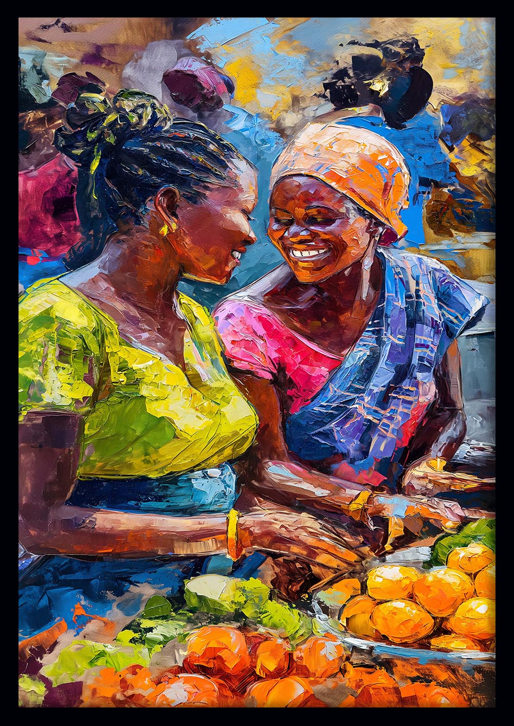 African Market Women Smiling – Colorful Street Life Canvas & Poster Wall Art – T1294 – AiPrintLab