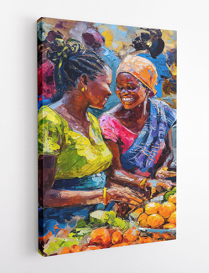 African Market Women Smiling – Colorful Street Life Canvas & Poster Wall Art – T1294 – AiPrintLab