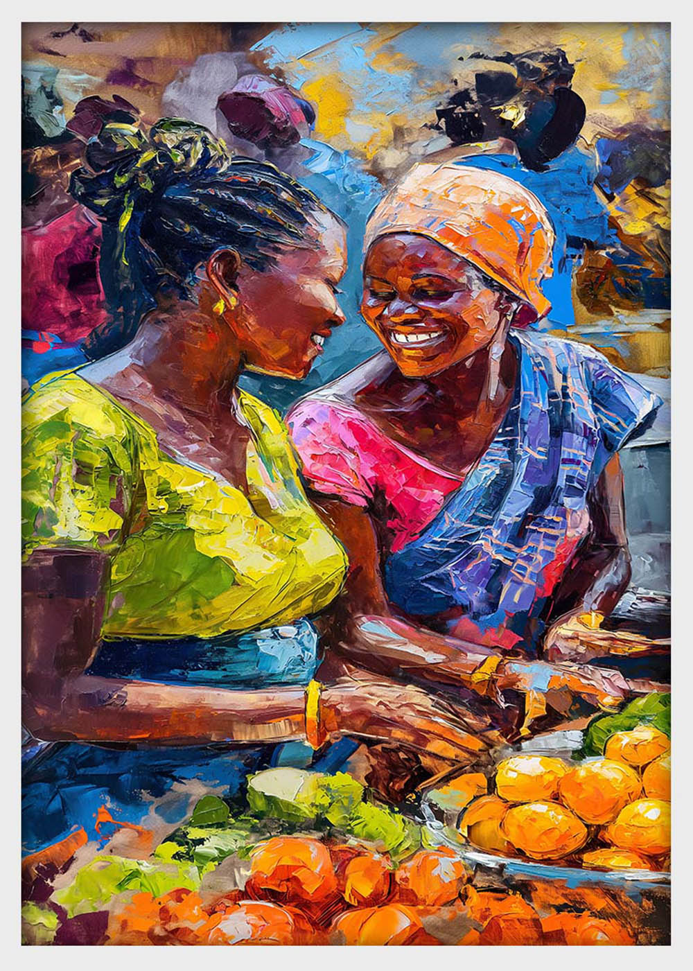 African Market Women Smiling – Colorful Street Life Canvas & Poster Wall Art – T1294 – AiPrintLab