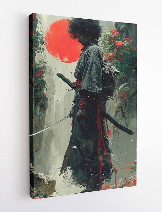 Afro Samurai with Katana – Warrior Spirit in Japanese Sun Canvas & Poster Print – T1280 – AiPrintLab