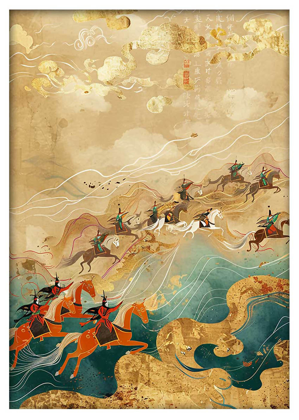 Ancient Asian Warrior Riders – Traditional Ink & Gold Wall Art Canvas Print – T896 – AiPrintLab