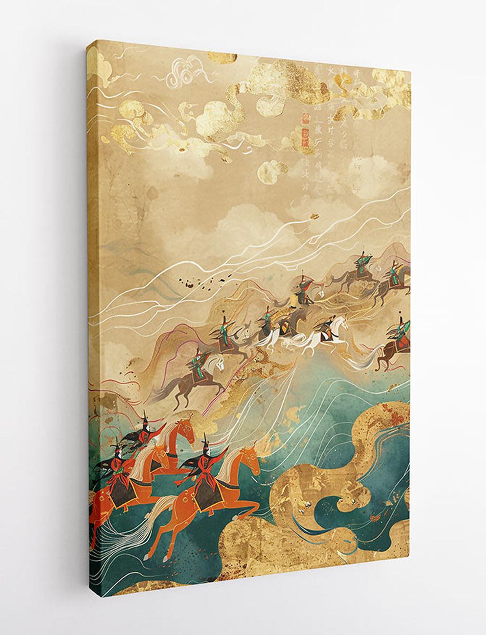 Ancient Asian Warrior Riders – Traditional Ink & Gold Wall Art Canvas Print – T896 – AiPrintLab