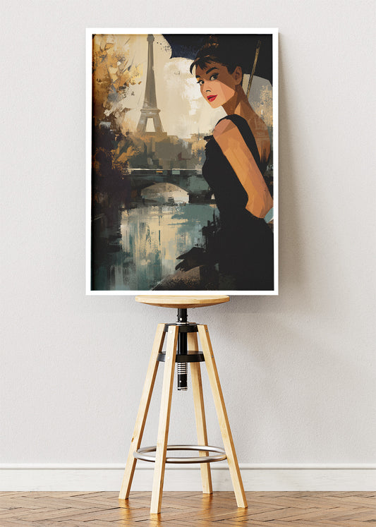 Audrey Hepburn Parisian Elegance – Eiffel Tower Vintage Style Wall Art Poster & Canvas Print