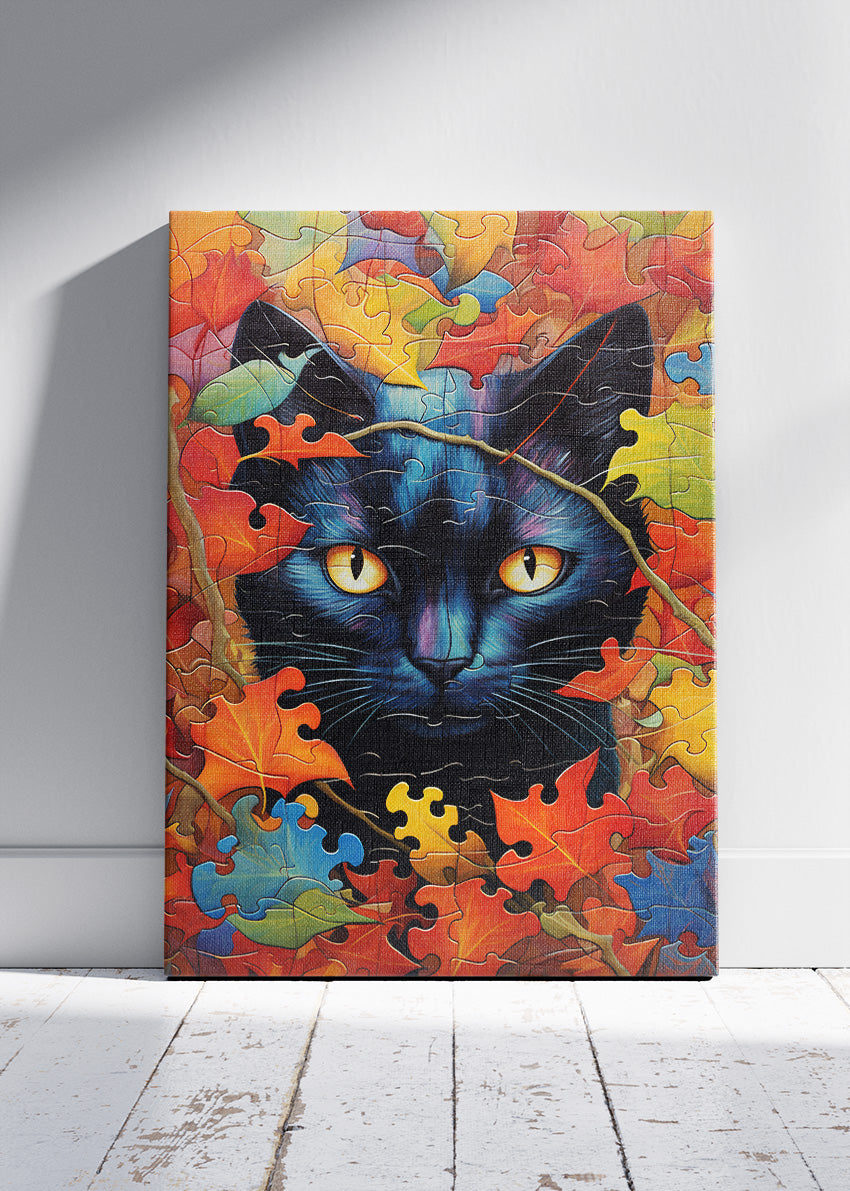 Autumn Black Cat Canvas Print & Poster – Colorful Puzzle Leaf Cat Wall Art