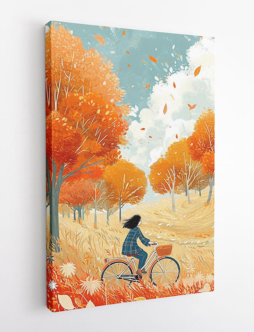 Autumn Breeze Ride – Whimsical Girl on Bicycle Canvas Wall Art – T874 – AiPrintLab