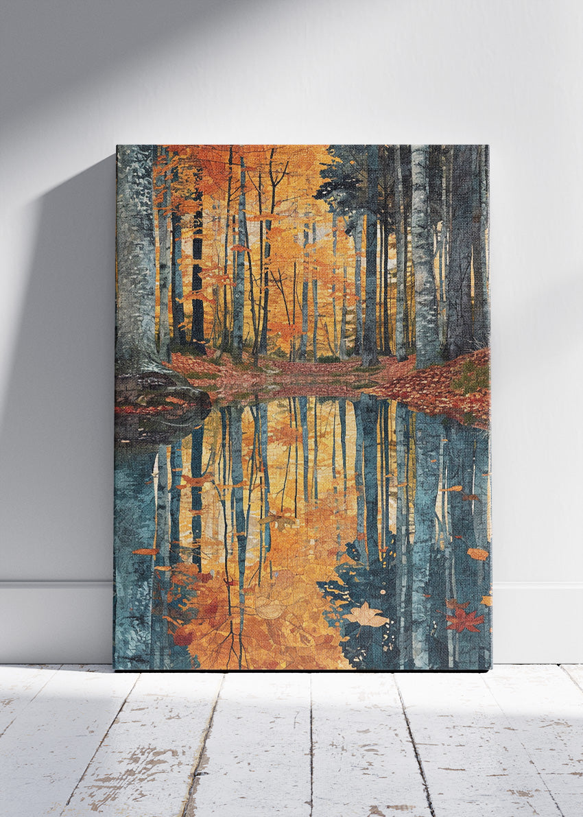 Autumn Forest Reflection Wall Art – Golden Woodland Lake Canvas Print & Modern Nature Landscape Poster for Living Room Decor UK