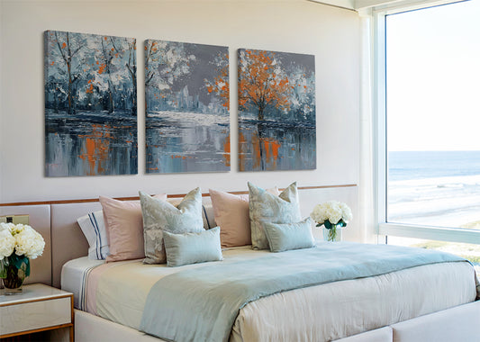 Autumn Lake Reflection Canvas Wall Art – Modern Abstract Tree Landscape – Single & 3 Panel Canvas – AI PRINT LAB