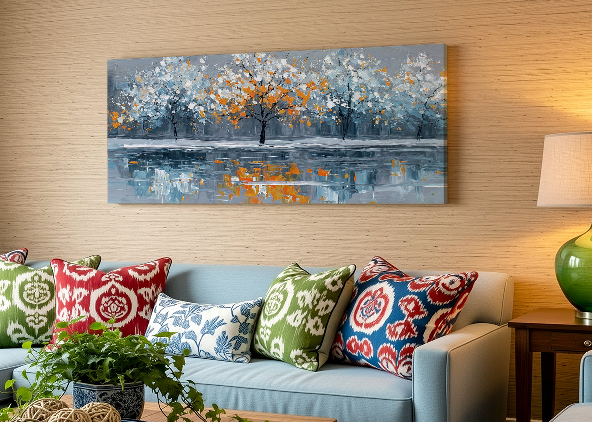 Autumn Reflection Trees Canvas Wall Art – Modern Abstract Lake Landscape – Single & 3 Panel Canvas – AI PRINT LAB