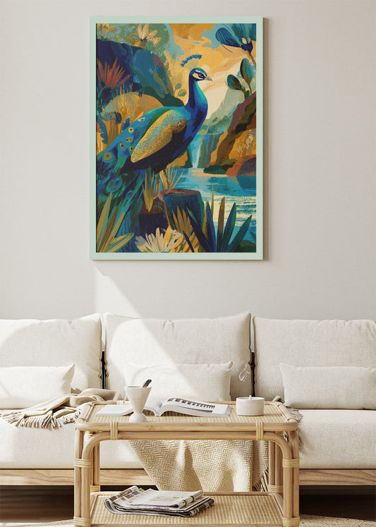 Peacock Waterfall Landscape Poster & Canvas Print – Colorful Nature Wall Art