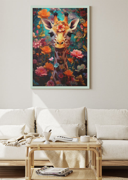 Whimsical Giraffe in Flower Garden Poster & Canvas Print – Colourful Fantasy Animal Art