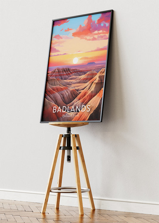 Badlands National Park Poster & Canvas Print – Sunset Desert Landscape Illustration Wall Art