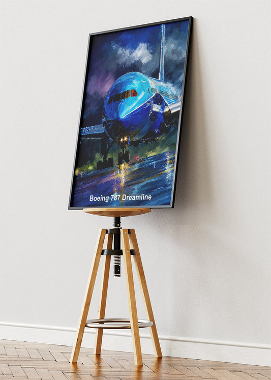 Boeing 787 Dreamliner Poster & Canvas Print – Rainy Runway Aviation Art – Aiprintlab