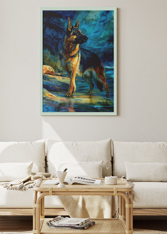 German Shepherd Poster & Canvas Print – Majestic Dog in Blue Wilderness Art