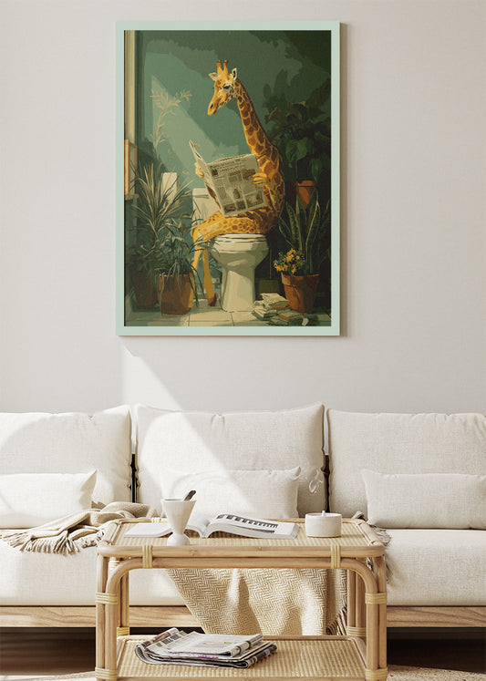 Funny Giraffe Poster & Canvas Print – Reading Newspaper Bathroom Art