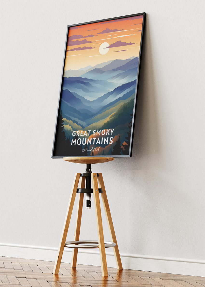 Great Smoky Mountains National Park Poster & Canvas Print – Misty Mountain Sunset Illustration Wall Art