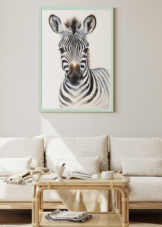 Minimal Zebra Portrait Poster & Canvas Print – Modern Wildlife Wall Art