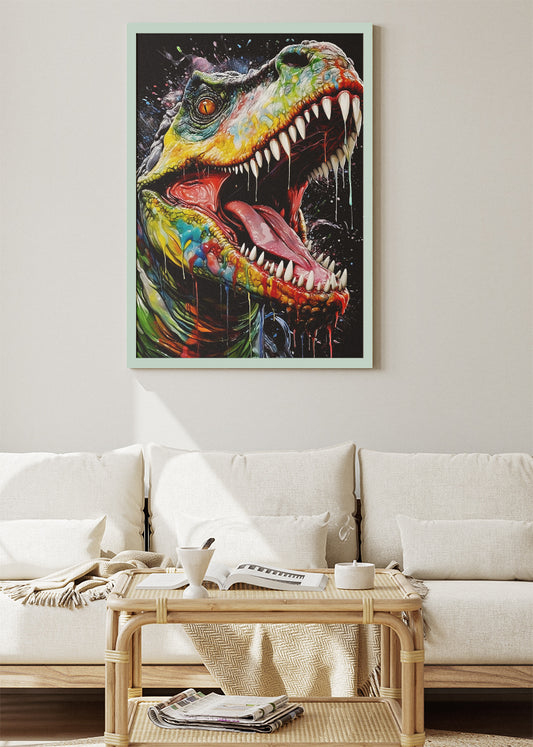 Colorful T-Rex Dinosaur Poster & Canvas Print – Splash Art Jurassic Wall Decor