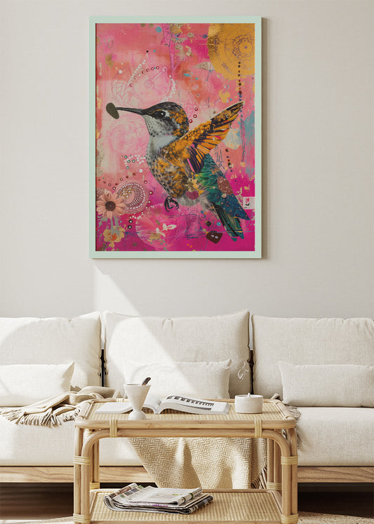 Colorful Hummingbird Poster & Canvas Print – Pink Collage Floral Art