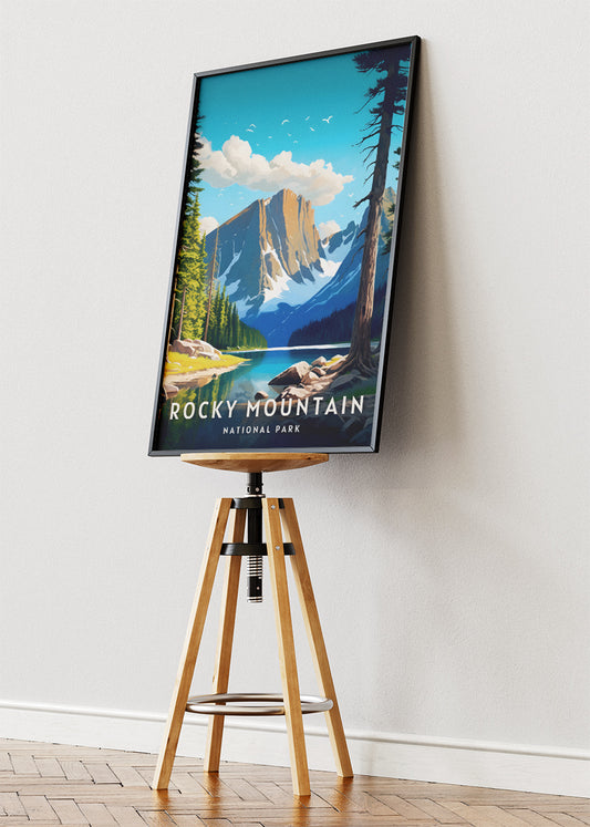 Rocky Mountain National Park Poster & Canvas Print – Illustrated Colorado Mountain Lake Wall Art