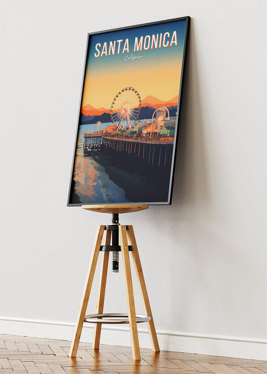Santa Monica California Poster & Canvas Print – Sunset Pier and Ferris Wheel Illustrated Wall Art