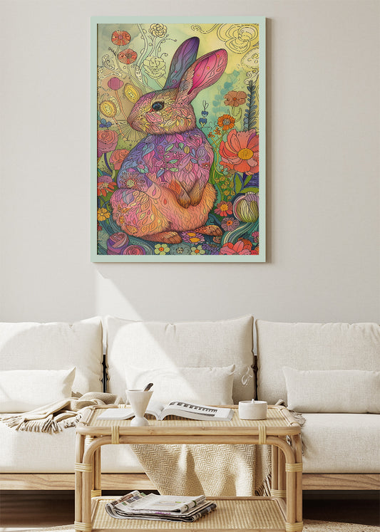 Floral Rabbit Art Poster & Canvas Print – Colourful Boho Animal Illustration