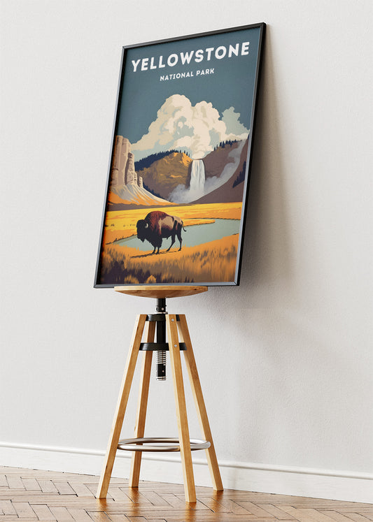 Yellowstone National Park Poster & Canvas Print – Illustrated Bison Landscape Wall Art