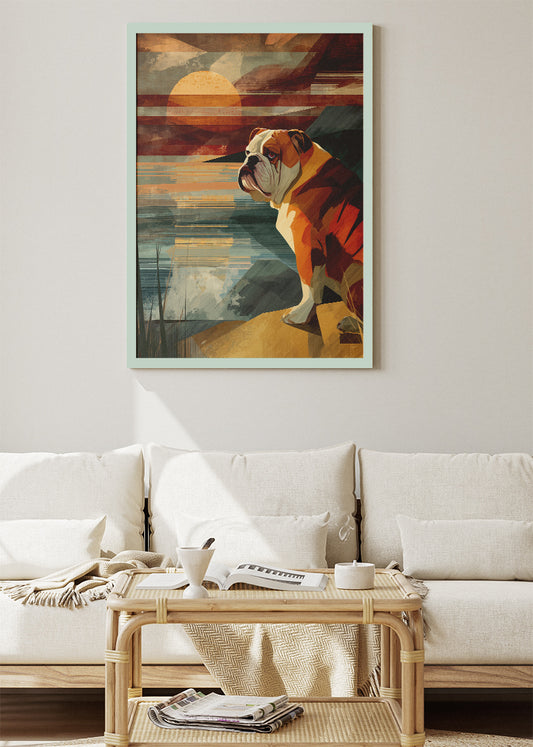 Retro Sunset Bulldog Poster & Canvas Print – Vintage Geometric Dog Wall Art