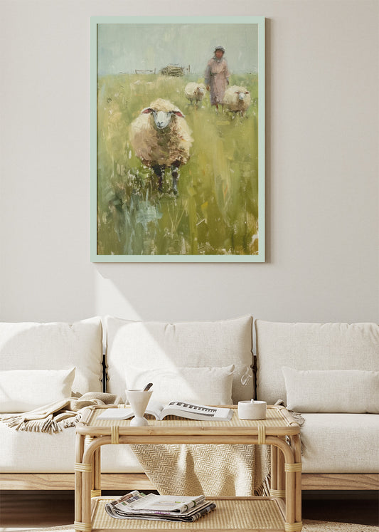 Sheep in Meadow Poster & Canvas Print – Pastel Countryside Art