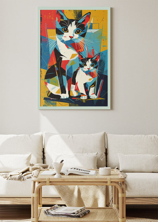 Colorful Cats Poster & Canvas Print – Modern Geometric Two Cats Wall Art