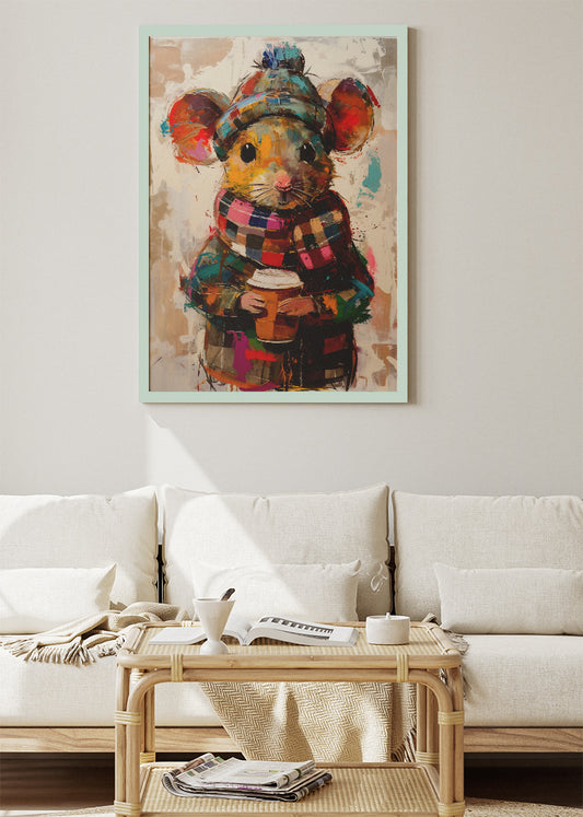 Cozy Coffee Mouse Poster & Canvas Print – Cute Winter Mouse Art in Colorful Scarf