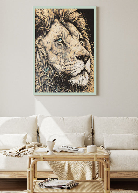 Majestic Lion Portrait Poster & Canvas Print – Detailed Wild Animal Illustration