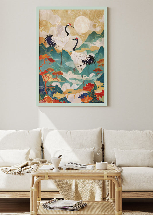 Japanese Crane Art Poster & Canvas Print – Elegant Washi-Style Mountain Landscape
