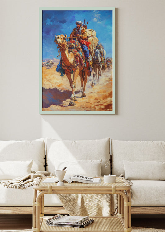 Desert Camel Caravan Poster & Canvas Print – Vibrant Middle Eastern Travel Art