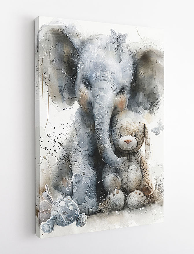Baby Elephant & Stuffed Bunny – Soft Watercolor Nursery Canvas & Poster Wall Art – T1027 – AiPrintLab