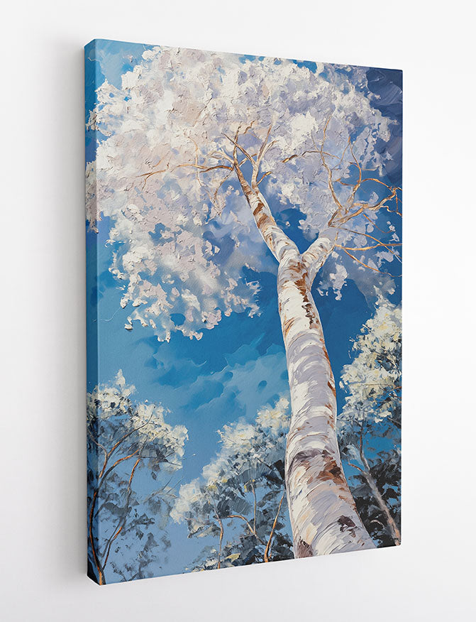 Birch Tree Against Blue Sky – Upward Forest View Canvas & Poster Wall Art – T1274 – AiPrintLab