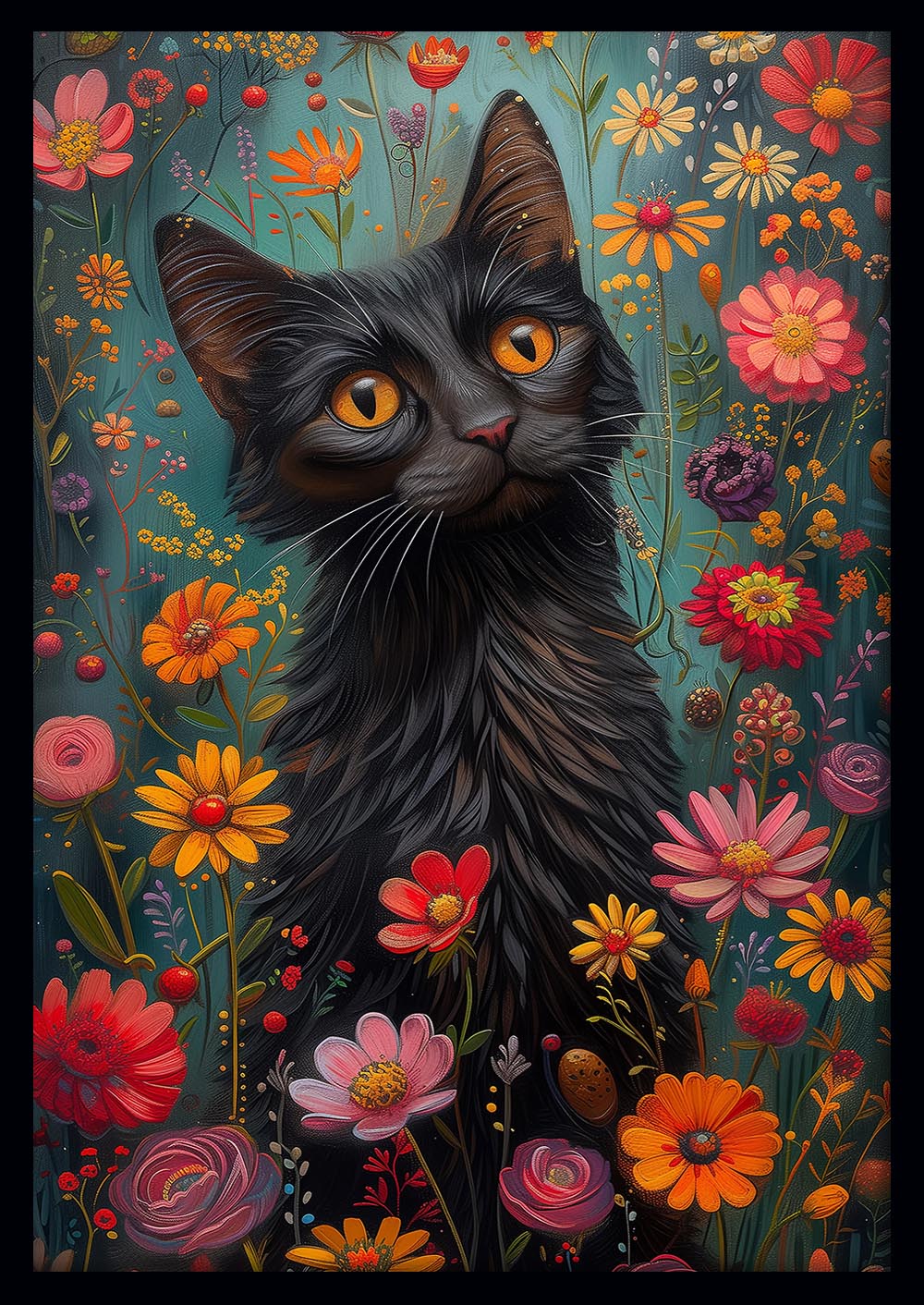 Black Cat in Bloom – Whimsical Floral Garden Canvas & Poster Wall Art – T1202 – AiPrintLab