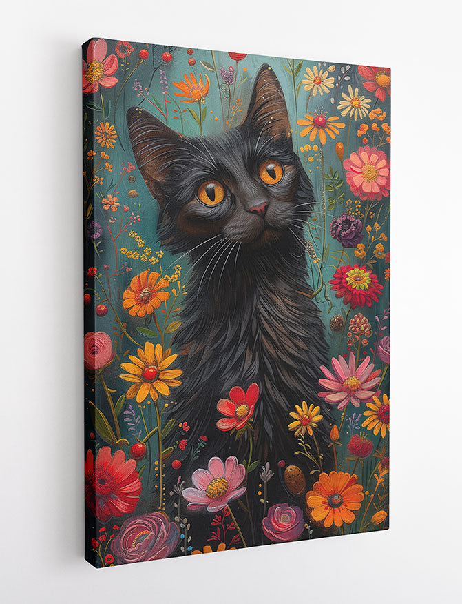 Black Cat in Bloom – Whimsical Floral Garden Canvas & Poster Wall Art – T1202 – AiPrintLab
