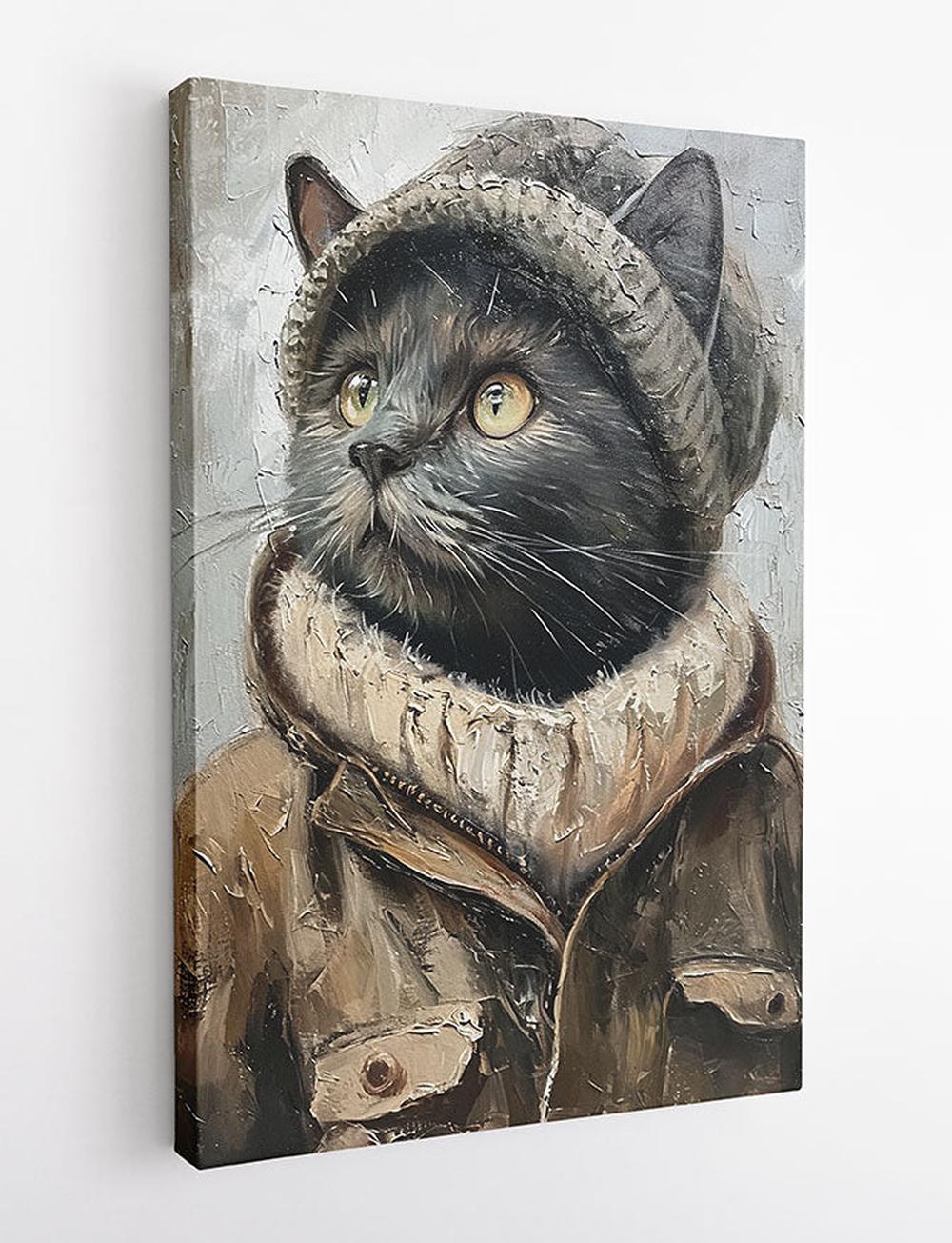 Black Cat in Winter Coat – Fashion Animal Canvas Art Print – T937 – AiPrintLab