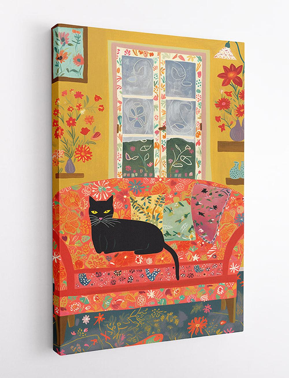 Black Cat on Floral Sofa Whimsical Art Print & Canvas – T552 – AiPrintLab