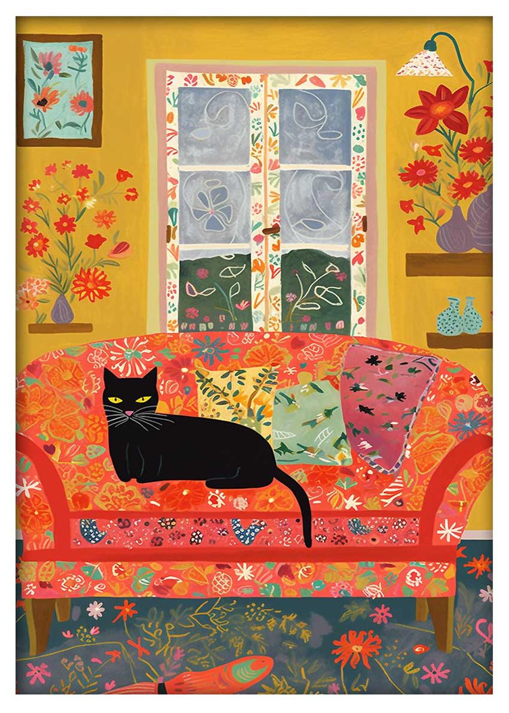 Black Cat on Floral Sofa Whimsical Art Print & Canvas – T552 – AiPrintLab