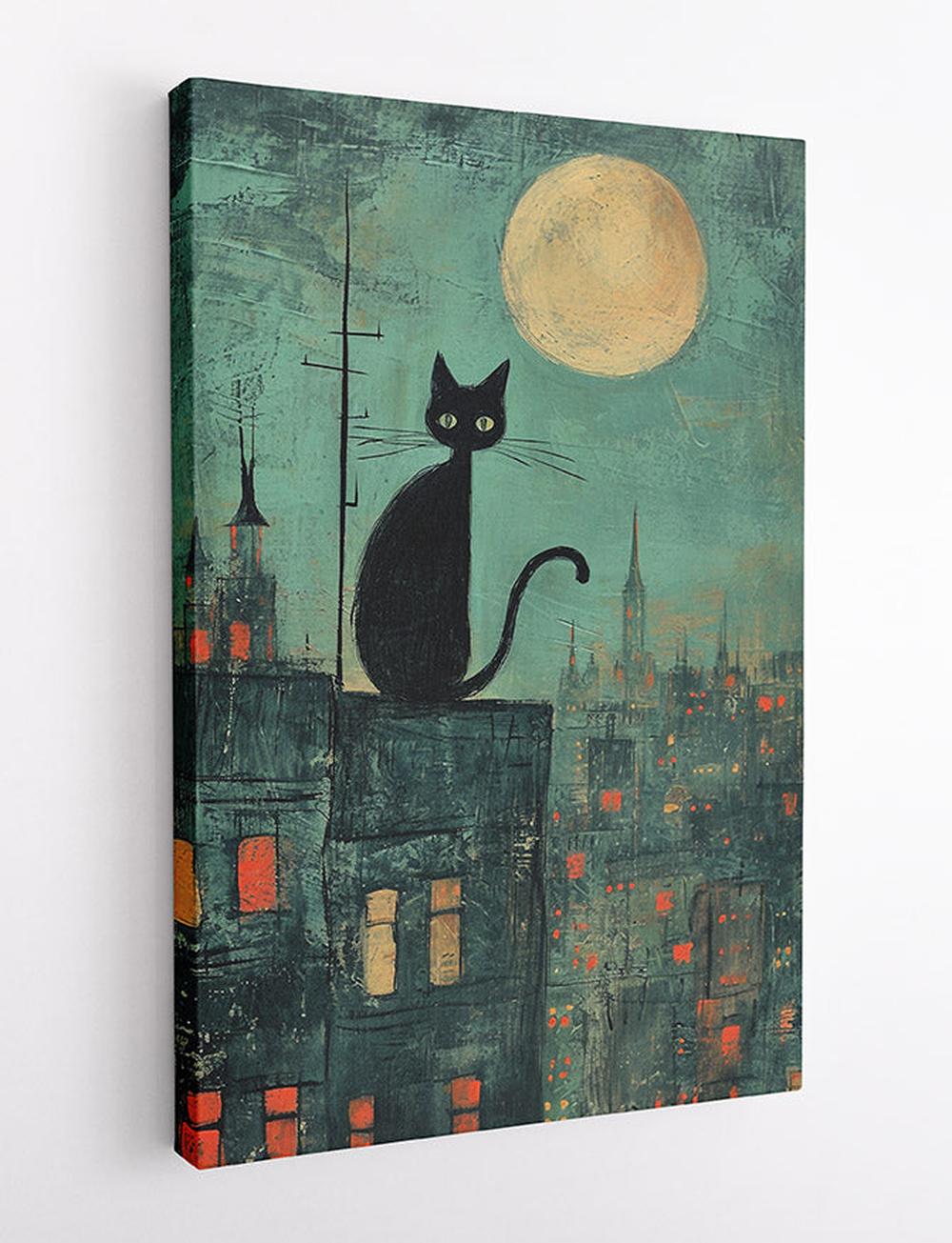 Black Cat on Rooftop Under Full Moon Canvas Print & Poster – T613 – AiPrintLab
