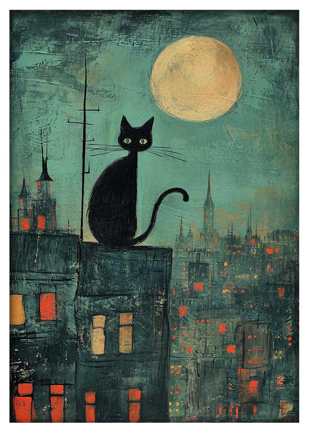 Black Cat on Rooftop Under Full Moon Canvas Print & Poster – T613 – AiPrintLab