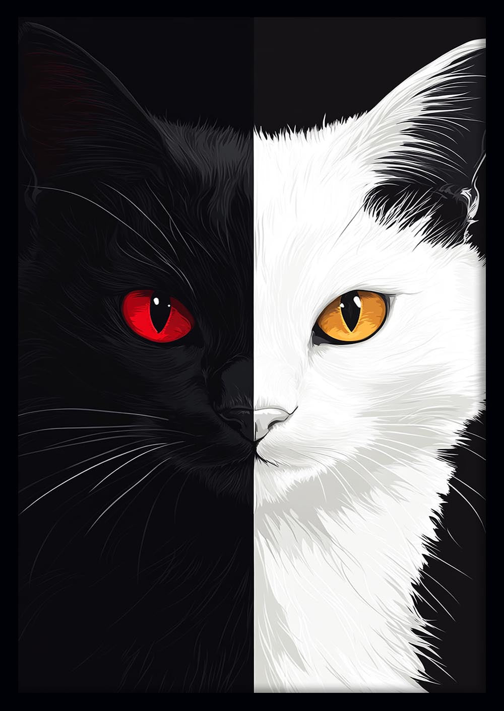 Black & White Cat with Red and Amber Eyes – Dual Contrast Animal Canvas & Poster Print – T1306 – AiPrintLab