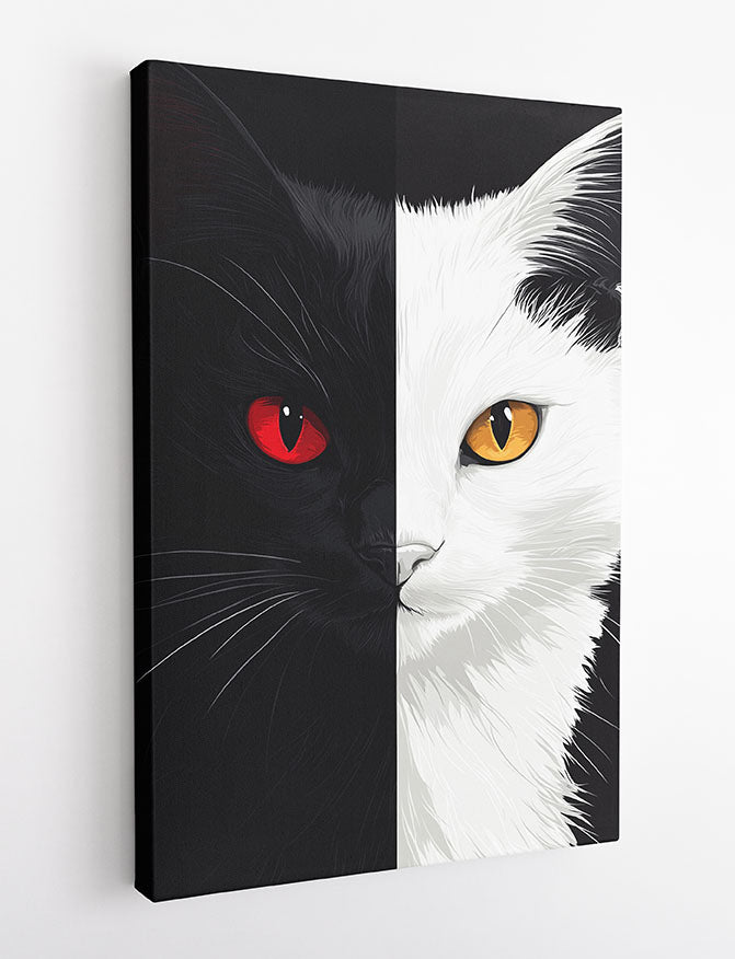 Black & White Cat with Red and Amber Eyes – Dual Contrast Animal Canvas & Poster Print – T1306 – AiPrintLab