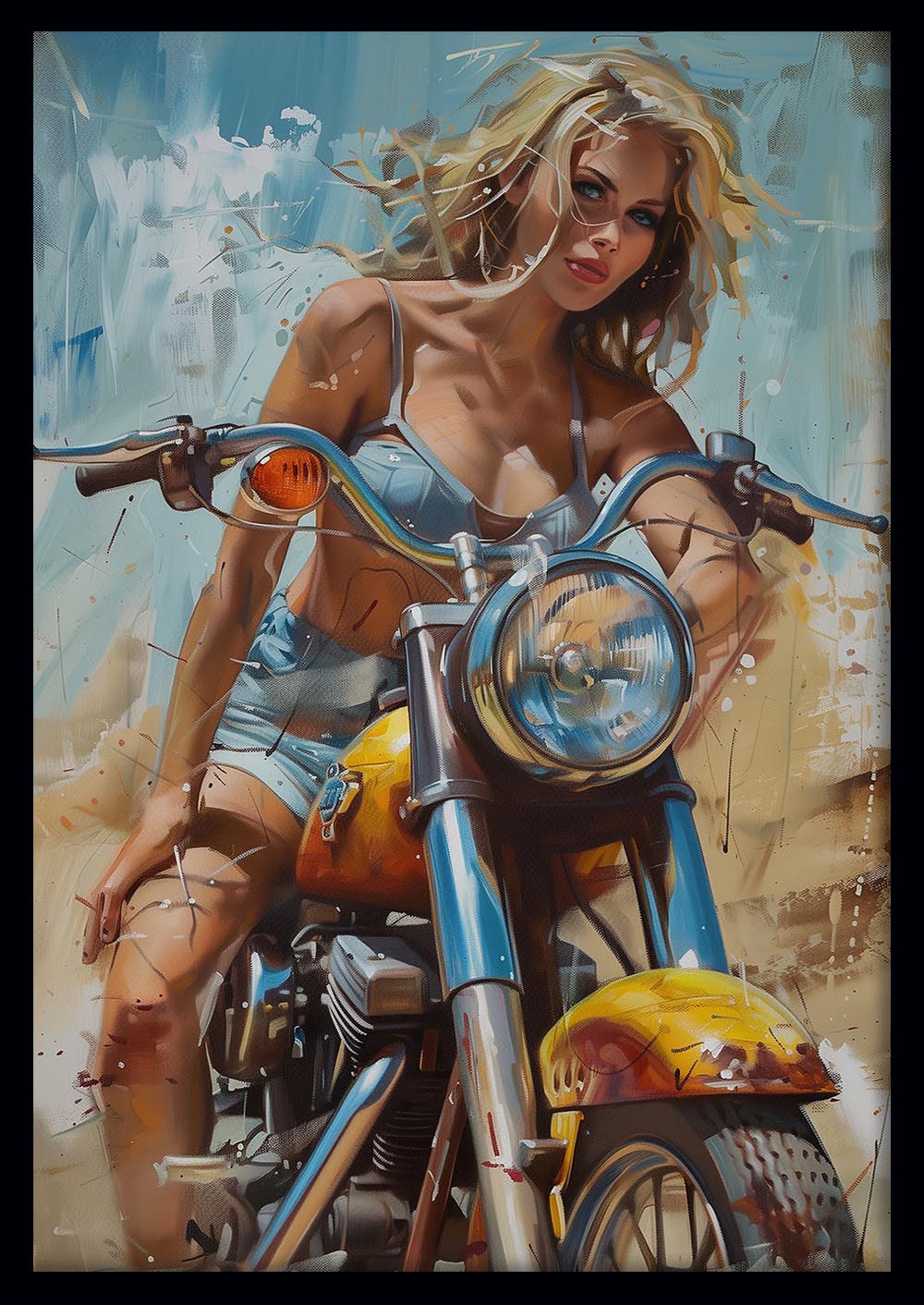 Blonde Biker Girl on Motorcycle – Bold Summer Ride Canvas & Poster Wall Art – T1275 – AiPrintLab