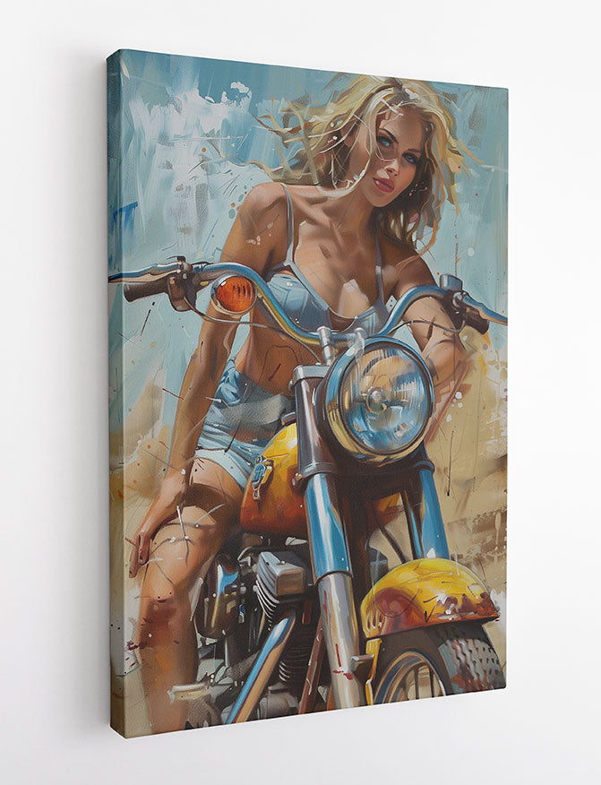 Blonde Biker Girl on Motorcycle – Bold Summer Ride Canvas & Poster Wall Art – T1275 – AiPrintLab